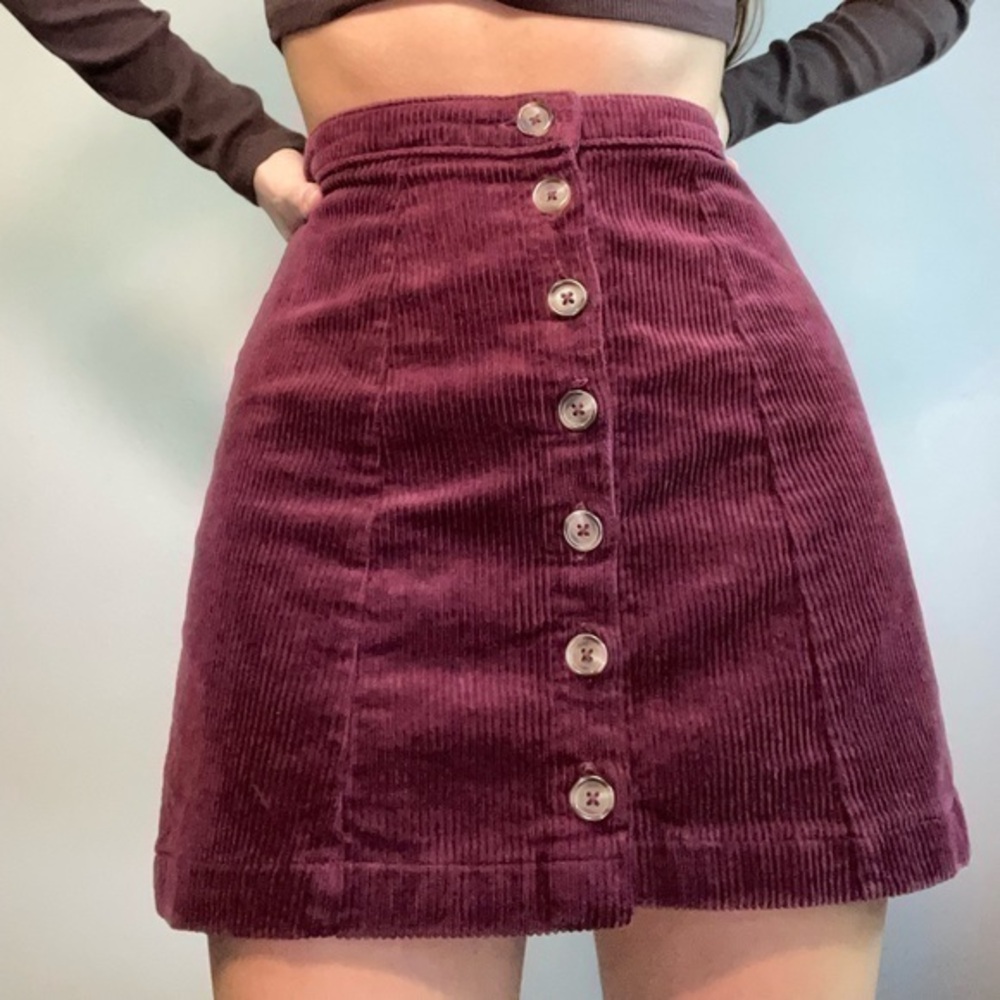 Maroon Corduroy Button Front Mini Skirt